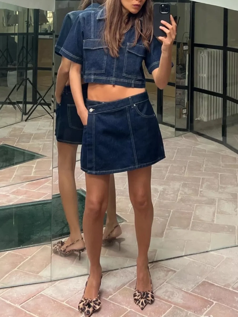 Zara set! Cropped Dark Denim Two-Piece Set - Navy. NWOT BOTTOM XS TOP S!